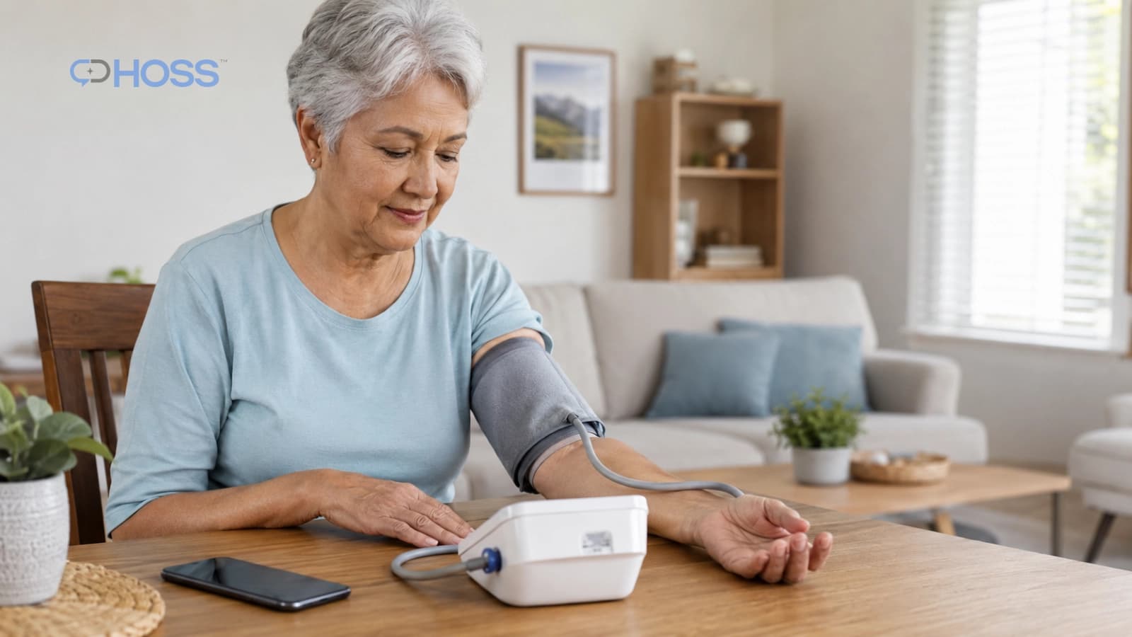 Woman checking her blood pressure at home.