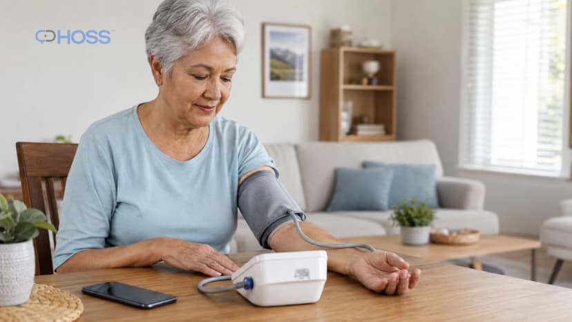 Woman checking her blood pressure at home.